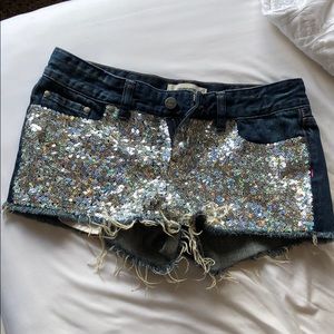 PINK sequin denim shorts